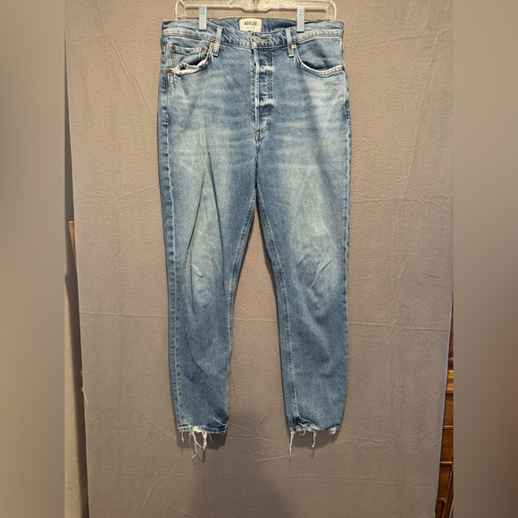 Agolde Denim - Agolde Light Wash Straight Leg Jeans with Raw Hem